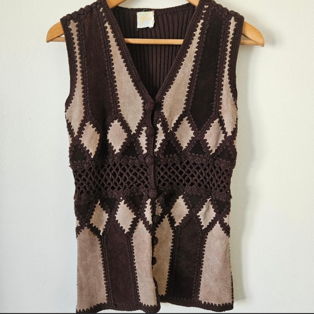 Vintage brown suede and crochet vest